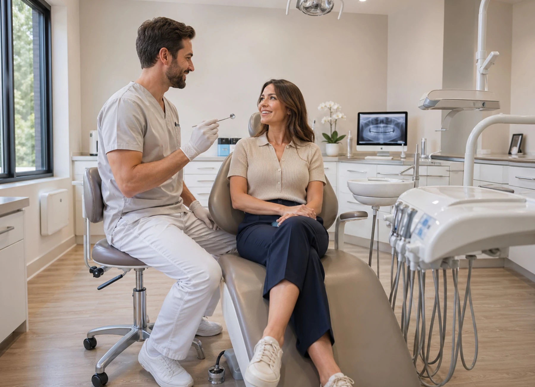 Fotografie de prezentare cu un medic dentist discutând cu o pacientă într-un cabinet modern